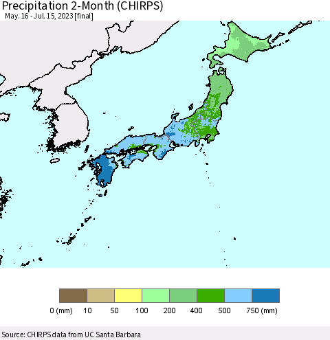 Japan Precipitation 2-Month (CHIRPS) Thematic Map For 5/16/2023 - 7/15/2023