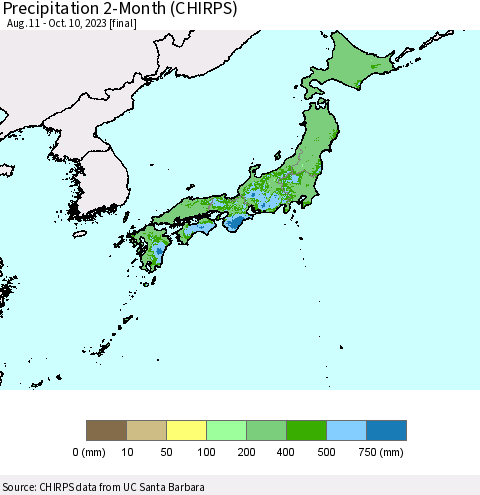 Japan Precipitation 2-Month (CHIRPS) Thematic Map For 8/11/2023 - 10/10/2023