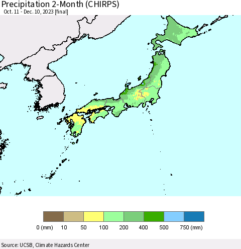 Japan Precipitation 2-Month (CHIRPS) Thematic Map For 10/11/2023 - 12/10/2023