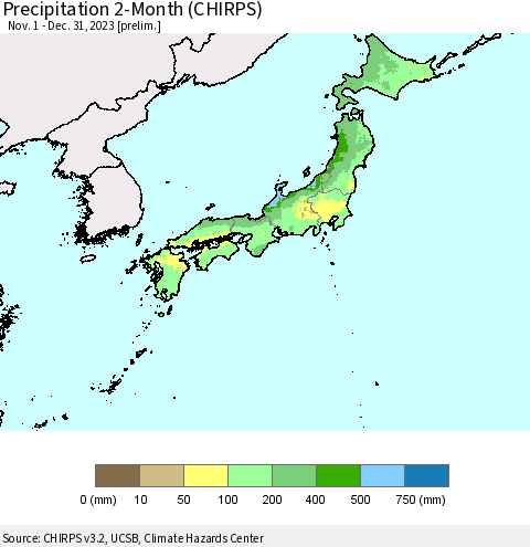 Japan Precipitation 2-Month (CHIRPS) Thematic Map For 11/1/2023 - 12/31/2023