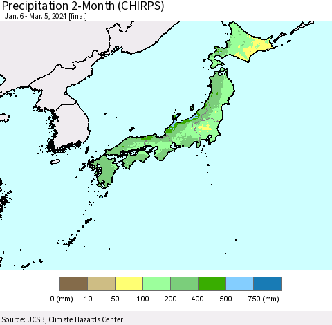 Japan Precipitation 2-Month (CHIRPS) Thematic Map For 1/6/2024 - 3/5/2024