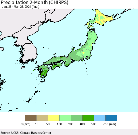 Japan Precipitation 2-Month (CHIRPS) Thematic Map For 1/26/2024 - 3/25/2024