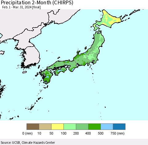 Japan Precipitation 2-Month (CHIRPS) Thematic Map For 2/1/2024 - 3/31/2024