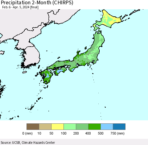 Japan Precipitation 2-Month (CHIRPS) Thematic Map For 2/6/2024 - 4/5/2024