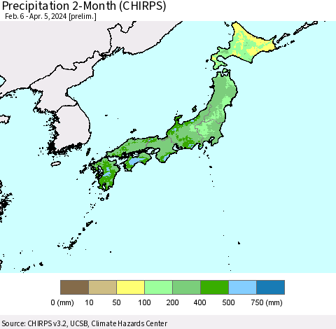 Japan Precipitation 2-Month (CHIRPS) Thematic Map For 2/6/2024 - 4/5/2024