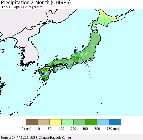 Japan Precipitation 2-Month (CHIRPS) Thematic Map For 2/11/2024 - 4/10/2024