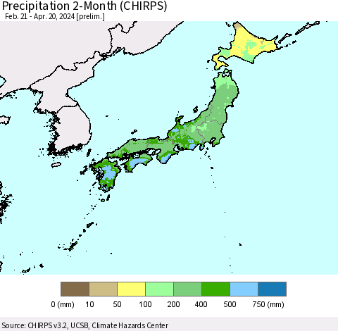Japan Precipitation 2-Month (CHIRPS) Thematic Map For 2/21/2024 - 4/20/2024