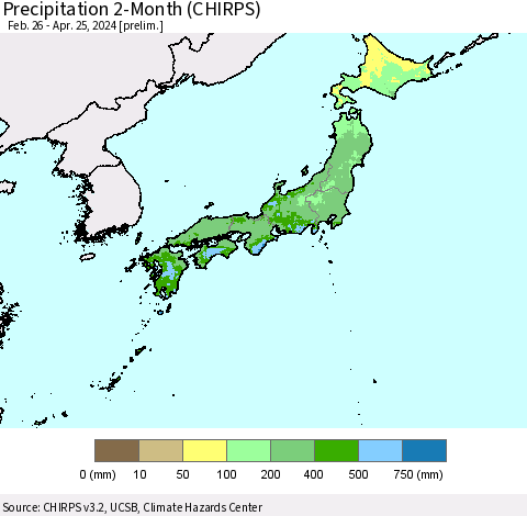 Japan Precipitation 2-Month (CHIRPS) Thematic Map For 2/26/2024 - 4/25/2024