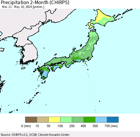 Japan Precipitation 2-Month (CHIRPS) Thematic Map For 3/11/2024 - 5/10/2024