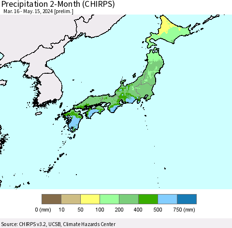 Japan Precipitation 2-Month (CHIRPS) Thematic Map For 3/16/2024 - 5/15/2024