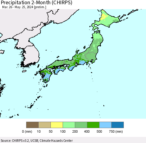 Japan Precipitation 2-Month (CHIRPS) Thematic Map For 3/26/2024 - 5/25/2024