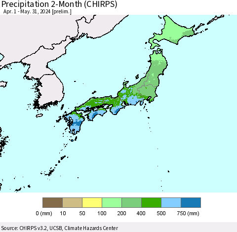 Japan Precipitation 2-Month (CHIRPS) Thematic Map For 4/1/2024 - 5/31/2024