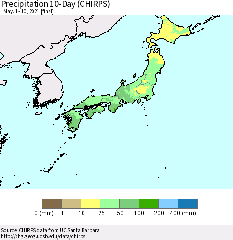 Japan Precipitation 10-Day (CHIRPS) Thematic Map For 5/1/2021 - 5/10/2021
