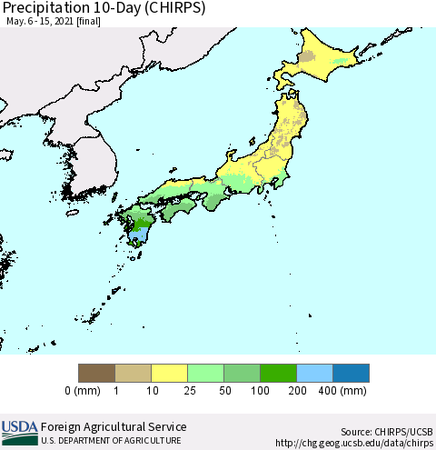 Japan Precipitation 10-Day (CHIRPS) Thematic Map For 5/6/2021 - 5/15/2021
