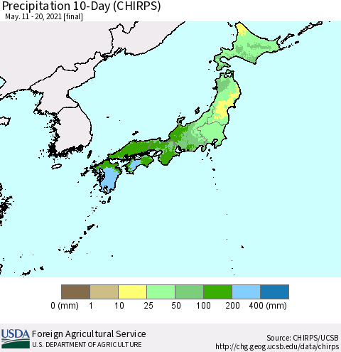 Japan Precipitation 10-Day (CHIRPS) Thematic Map For 5/11/2021 - 5/20/2021