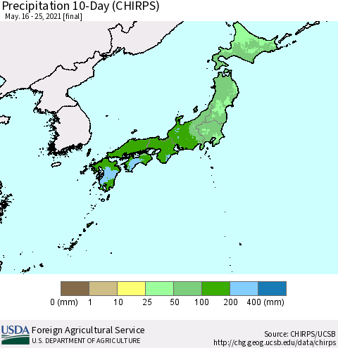 Japan Precipitation 10-Day (CHIRPS) Thematic Map For 5/16/2021 - 5/25/2021