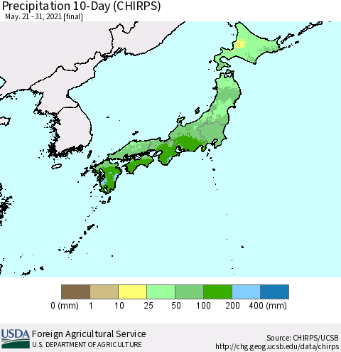 Japan Precipitation 10-Day (CHIRPS) Thematic Map For 5/21/2021 - 5/31/2021