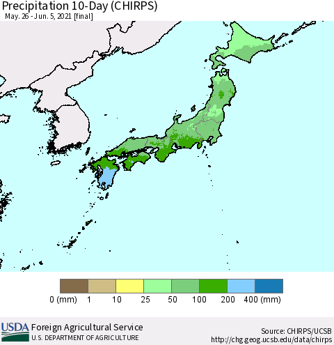 Japan Precipitation 10-Day (CHIRPS) Thematic Map For 5/26/2021 - 6/5/2021