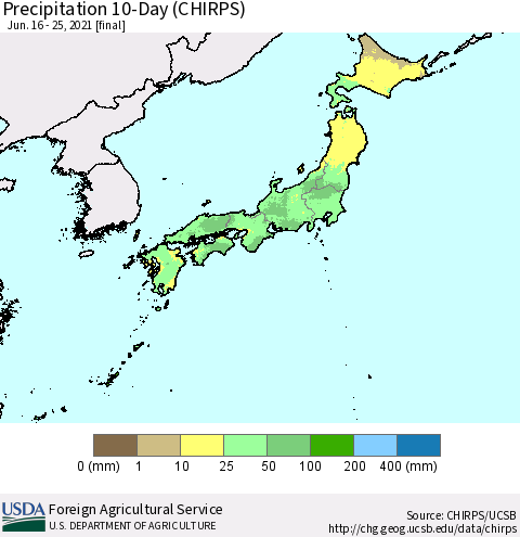 Japan Precipitation 10-Day (CHIRPS) Thematic Map For 6/16/2021 - 6/25/2021