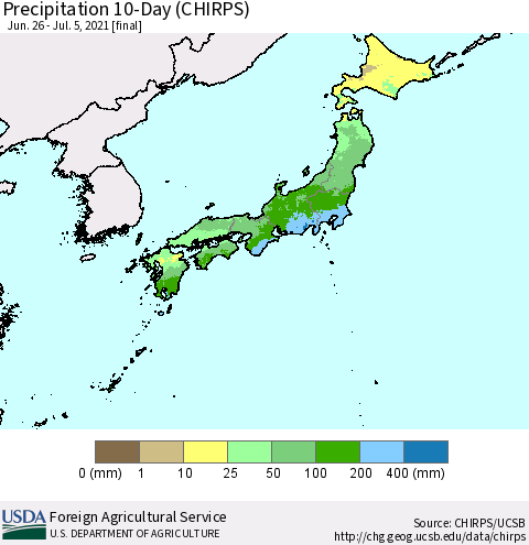 Japan Precipitation 10-Day (CHIRPS) Thematic Map For 6/26/2021 - 7/5/2021