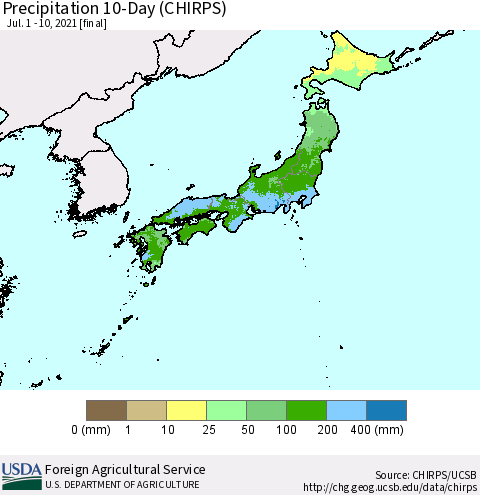 Japan Precipitation 10-Day (CHIRPS) Thematic Map For 7/1/2021 - 7/10/2021