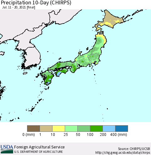 Japan Precipitation 10-Day (CHIRPS) Thematic Map For 7/11/2021 - 7/20/2021