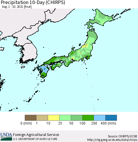 Japan Precipitation 10-Day (CHIRPS) Thematic Map For 8/1/2021 - 8/10/2021