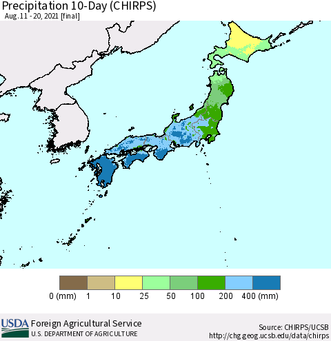 Japan Precipitation 10-Day (CHIRPS) Thematic Map For 8/11/2021 - 8/20/2021