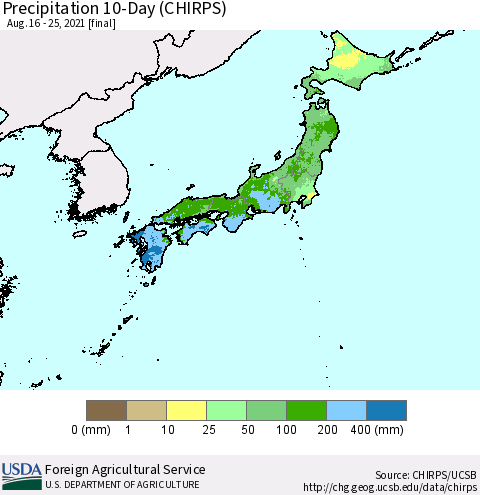 Japan Precipitation 10-Day (CHIRPS) Thematic Map For 8/16/2021 - 8/25/2021