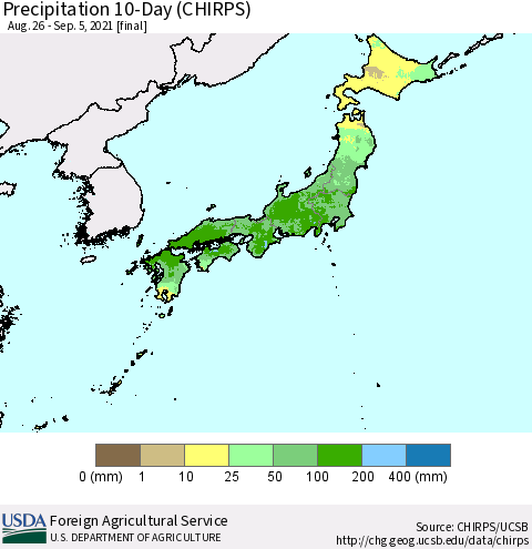 Japan Precipitation 10-Day (CHIRPS) Thematic Map For 8/26/2021 - 9/5/2021