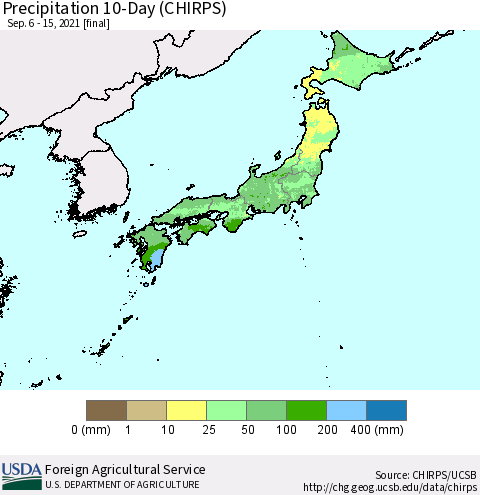 Japan Precipitation 10-Day (CHIRPS) Thematic Map For 9/6/2021 - 9/15/2021