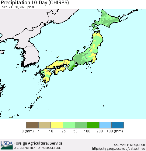Japan Precipitation 10-Day (CHIRPS) Thematic Map For 9/21/2021 - 9/30/2021