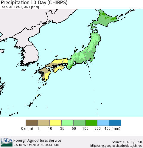 Japan Precipitation 10-Day (CHIRPS) Thematic Map For 9/26/2021 - 10/5/2021