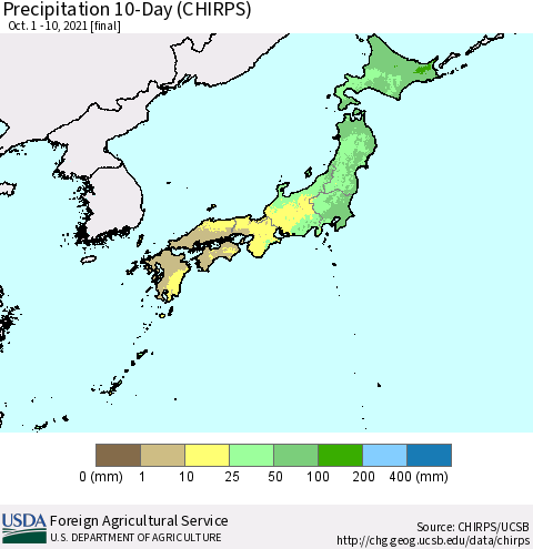 Japan Precipitation 10-Day (CHIRPS) Thematic Map For 10/1/2021 - 10/10/2021