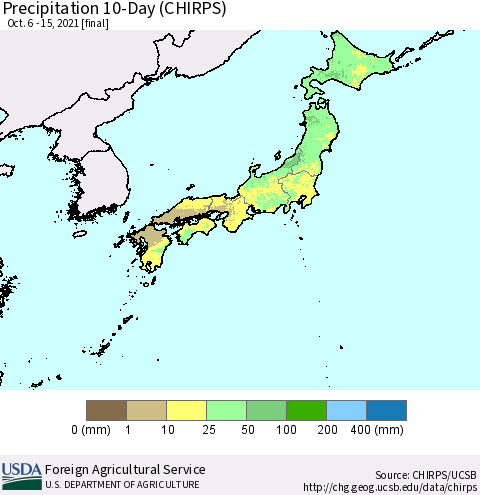 Japan Precipitation 10-Day (CHIRPS) Thematic Map For 10/6/2021 - 10/15/2021