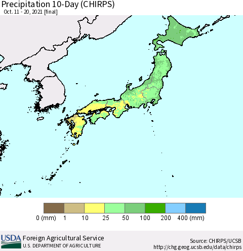 Japan Precipitation 10-Day (CHIRPS) Thematic Map For 10/11/2021 - 10/20/2021