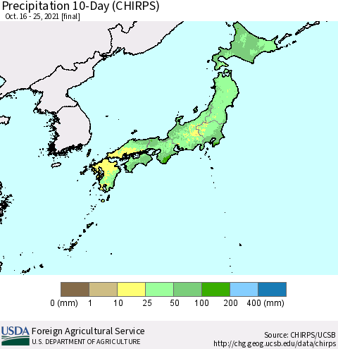 Japan Precipitation 10-Day (CHIRPS) Thematic Map For 10/16/2021 - 10/25/2021