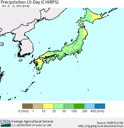 Japan Precipitation 10-Day (CHIRPS) Thematic Map For 10/21/2021 - 10/31/2021