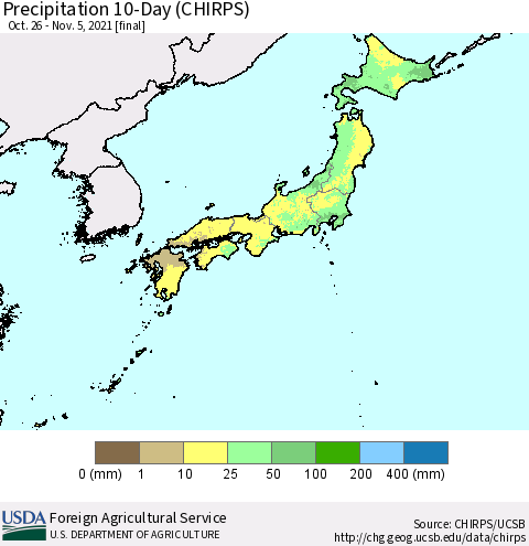 Japan Precipitation 10-Day (CHIRPS) Thematic Map For 10/26/2021 - 11/5/2021