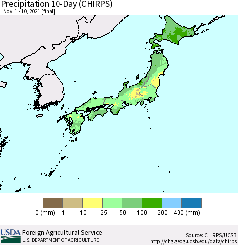 Japan Precipitation 10-Day (CHIRPS) Thematic Map For 11/1/2021 - 11/10/2021