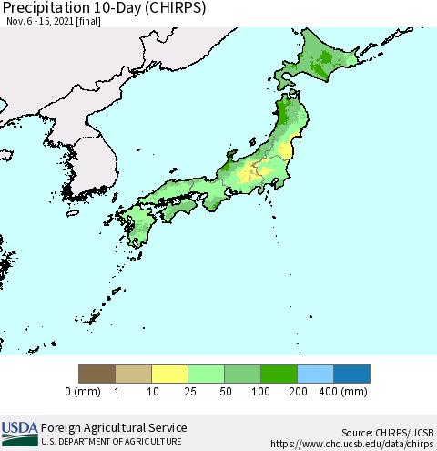Japan Precipitation 10-Day (CHIRPS) Thematic Map For 11/6/2021 - 11/15/2021