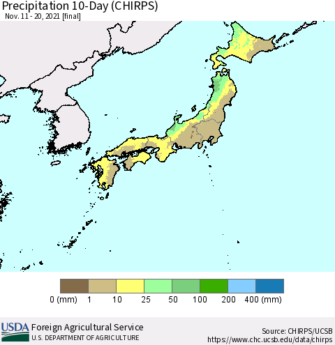 Japan Precipitation 10-Day (CHIRPS) Thematic Map For 11/11/2021 - 11/20/2021