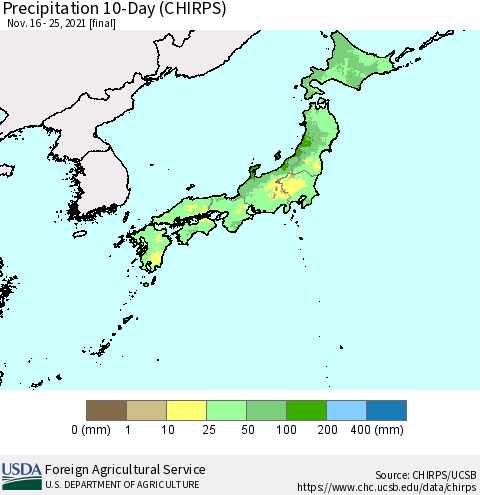 Japan Precipitation 10-Day (CHIRPS) Thematic Map For 11/16/2021 - 11/25/2021
