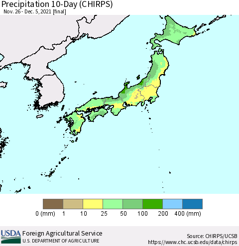 Japan Precipitation 10-Day (CHIRPS) Thematic Map For 11/26/2021 - 12/5/2021