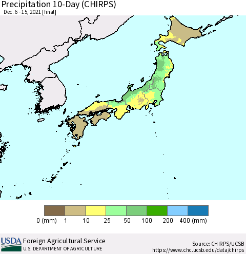 Japan Precipitation 10-Day (CHIRPS) Thematic Map For 12/6/2021 - 12/15/2021