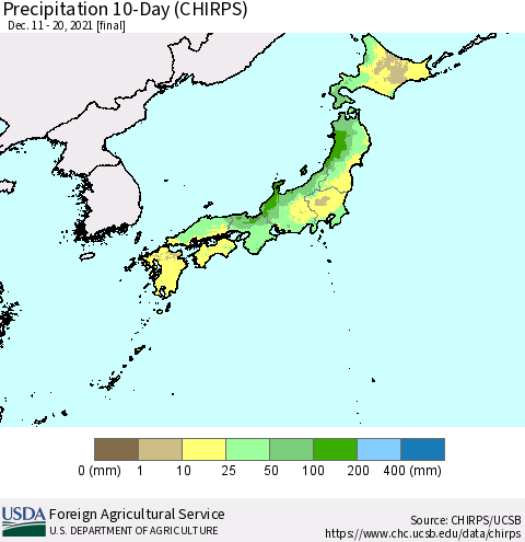 Japan Precipitation 10-Day (CHIRPS) Thematic Map For 12/11/2021 - 12/20/2021