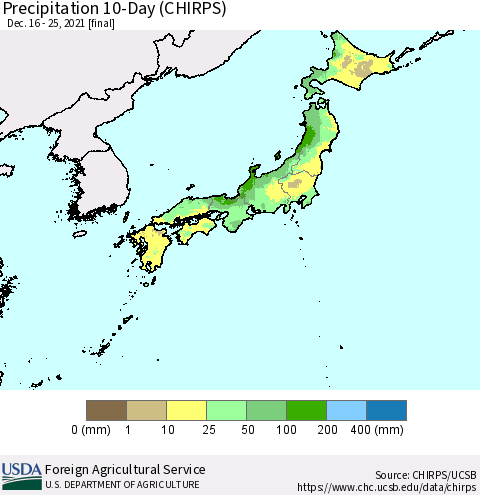 Japan Precipitation 10-Day (CHIRPS) Thematic Map For 12/16/2021 - 12/25/2021