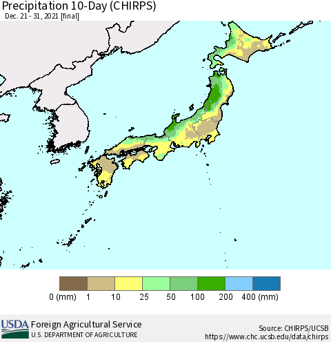 Japan Precipitation 10-Day (CHIRPS) Thematic Map For 12/21/2021 - 12/31/2021