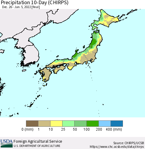 Japan Precipitation 10-Day (CHIRPS) Thematic Map For 12/26/2021 - 1/5/2022
