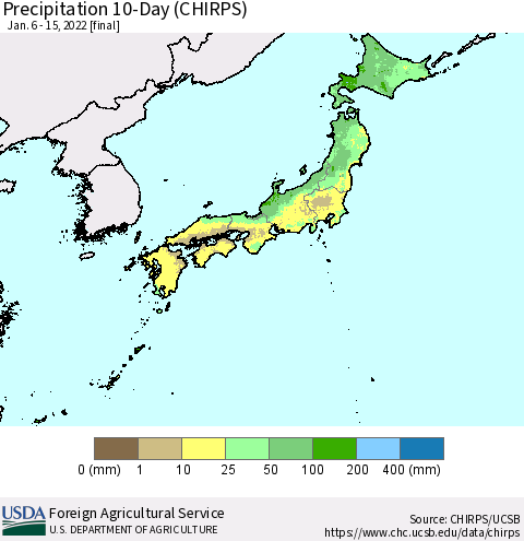 Japan Precipitation 10-Day (CHIRPS) Thematic Map For 1/6/2022 - 1/15/2022